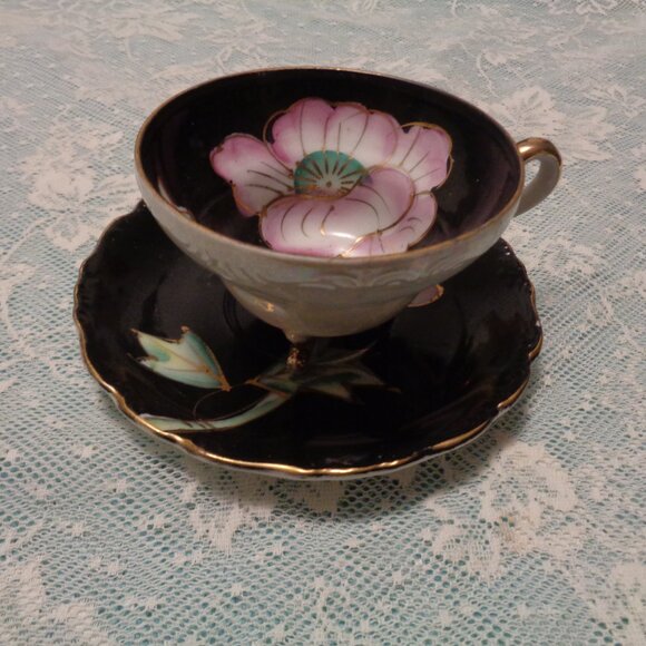 FLOWERS VINTAGE ASIAN STYLED PORCELAIN  IRIDESENT CUP & SAUCER BLACK PIN… - Picture 9 of 9